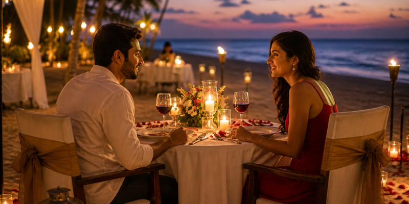 honeymoon couple on beach cadle light dinner